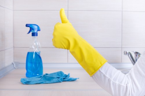 Professional cleaner using PPE while working safely